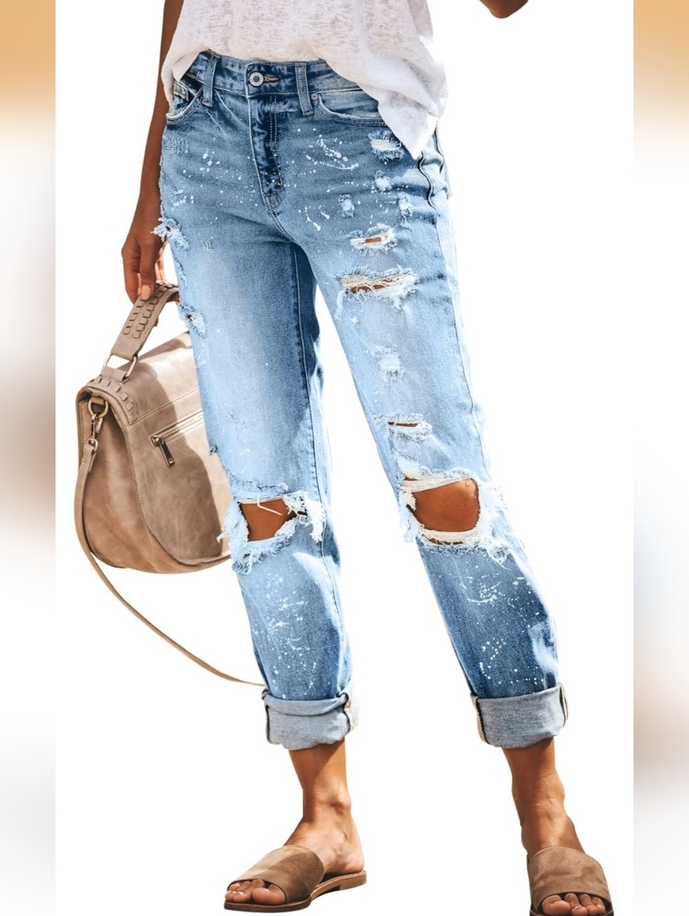 KUNMI Women's Ripped Mid Waisted Boyfriend Jeans Loose Fit Stretchy Size 2XL